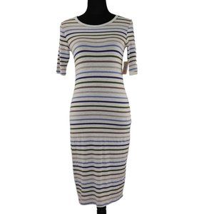 Lularoe Julia Dress Bodycon Pullover Round Neck White Stripe Blue Green Size XXS